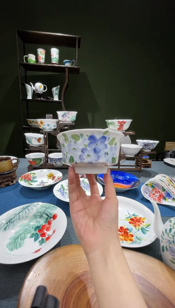 碗景德镇高温釉下彩4.75英寸金钟碗小紫花