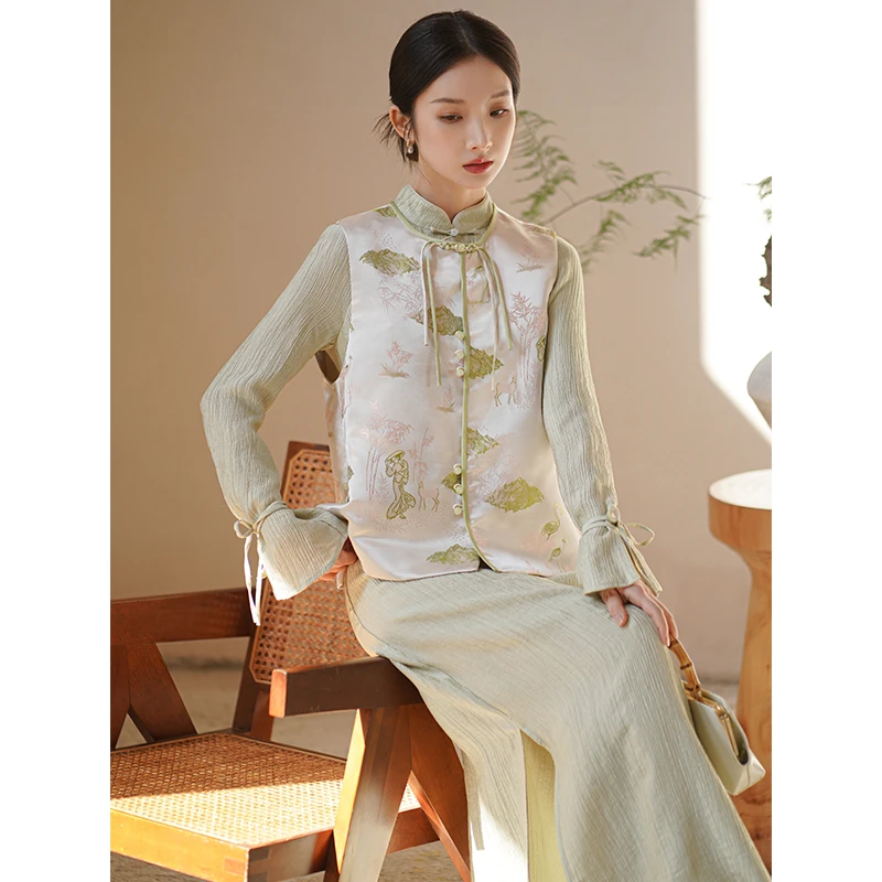 初蝉衣事「见鹿得福」新中式国风马甲上衣秋装新款仿宋锦外套0108-N