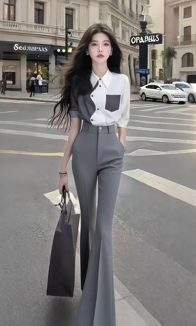 新款氛围感学院风穿搭翻领不规则衬衫上衣+灰色休闲长裤女两件套