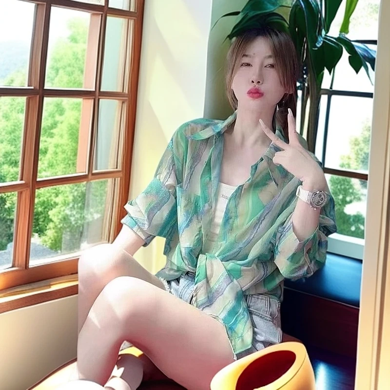 2024春夏新款绿色印花防晒衬衫女时尚洋气宽松休闲衬衣