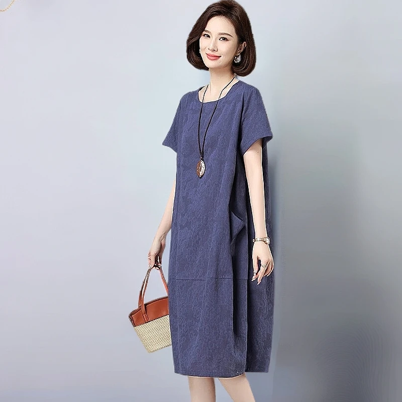 纯棉连衣裙女2025夏新款宽松大码休闲遮肚子显瘦中年妈妈薄款裙子