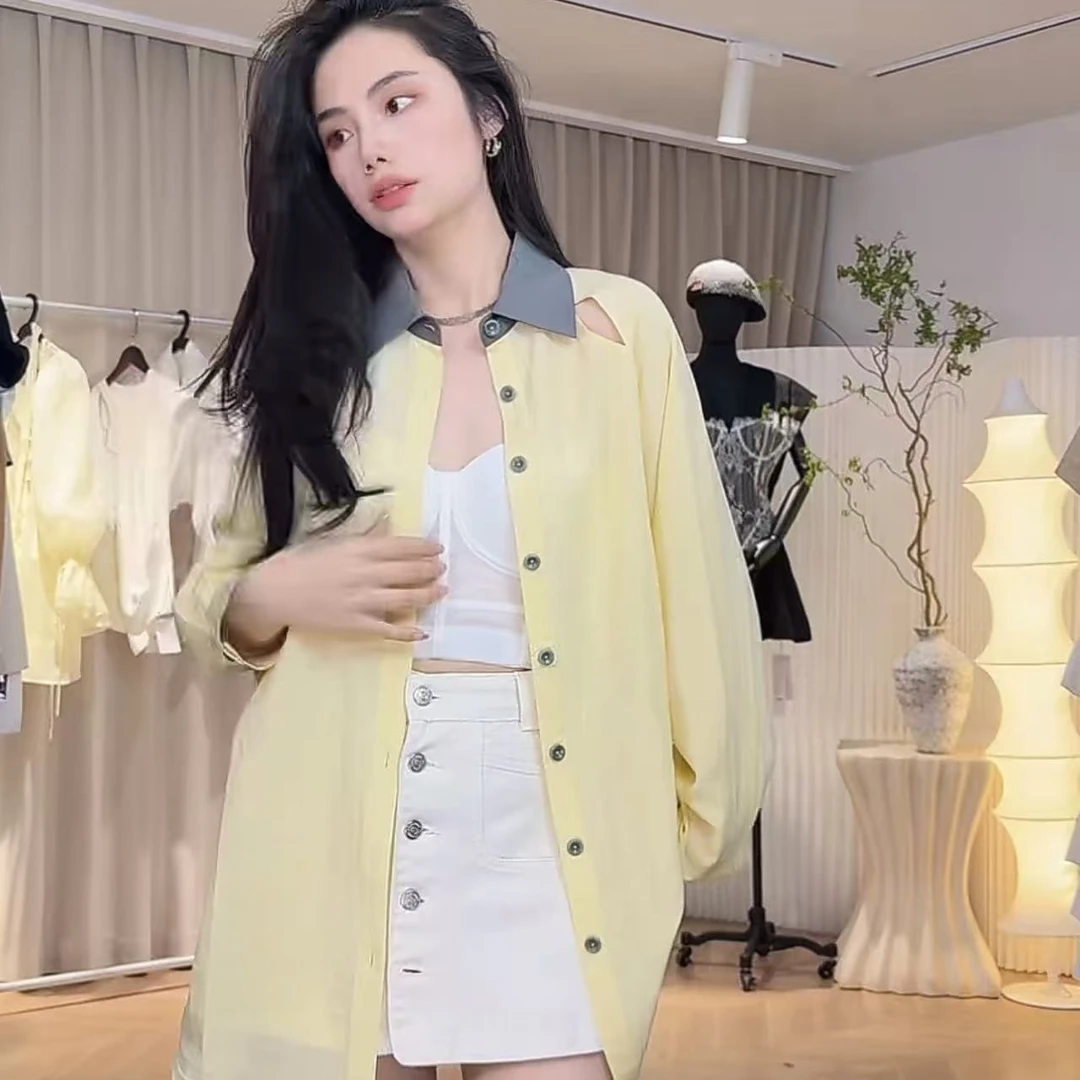 【XSY】锁骨镂空扩版宽松版polo领弥眼掠阳撞色蝙蝠袖衬衫