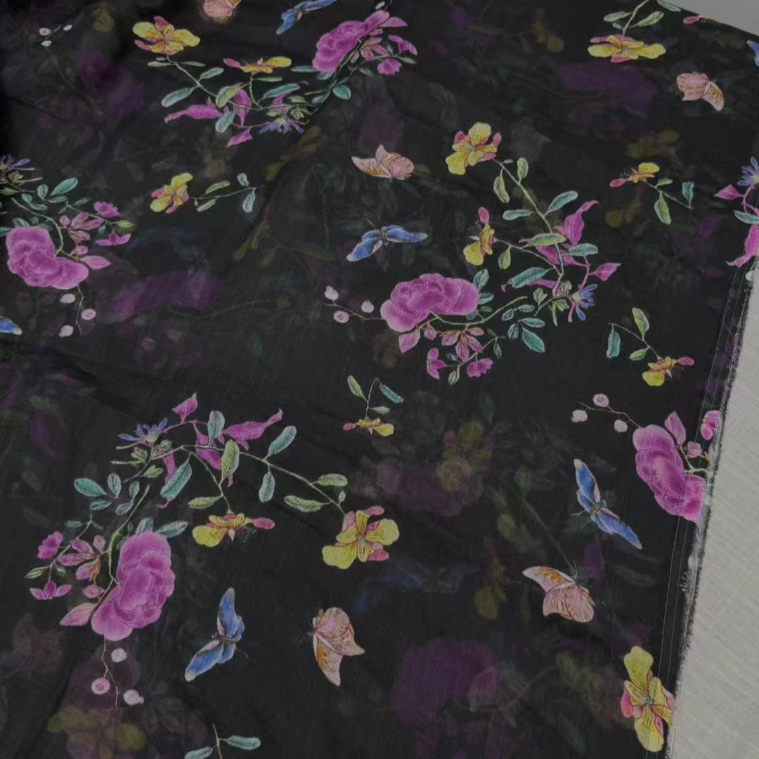 【花间纷飞】黑色幻紫花蝴蝶纯苎麻100支面料 薄透布料幅宽140cm