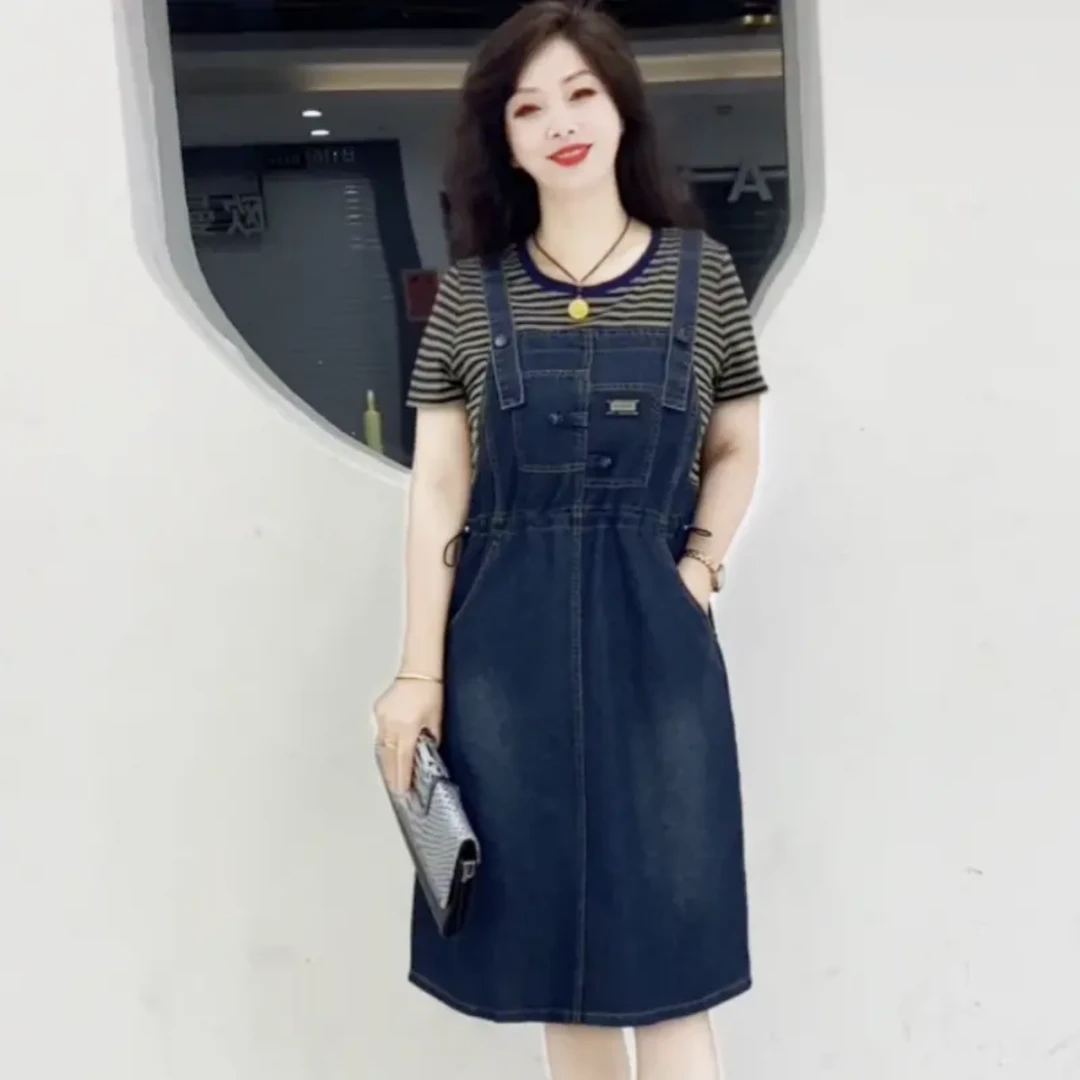 2025夏季假两件牛仔抽绳收腰背带连衣裙洋气减龄显瘦中长款连衣裙