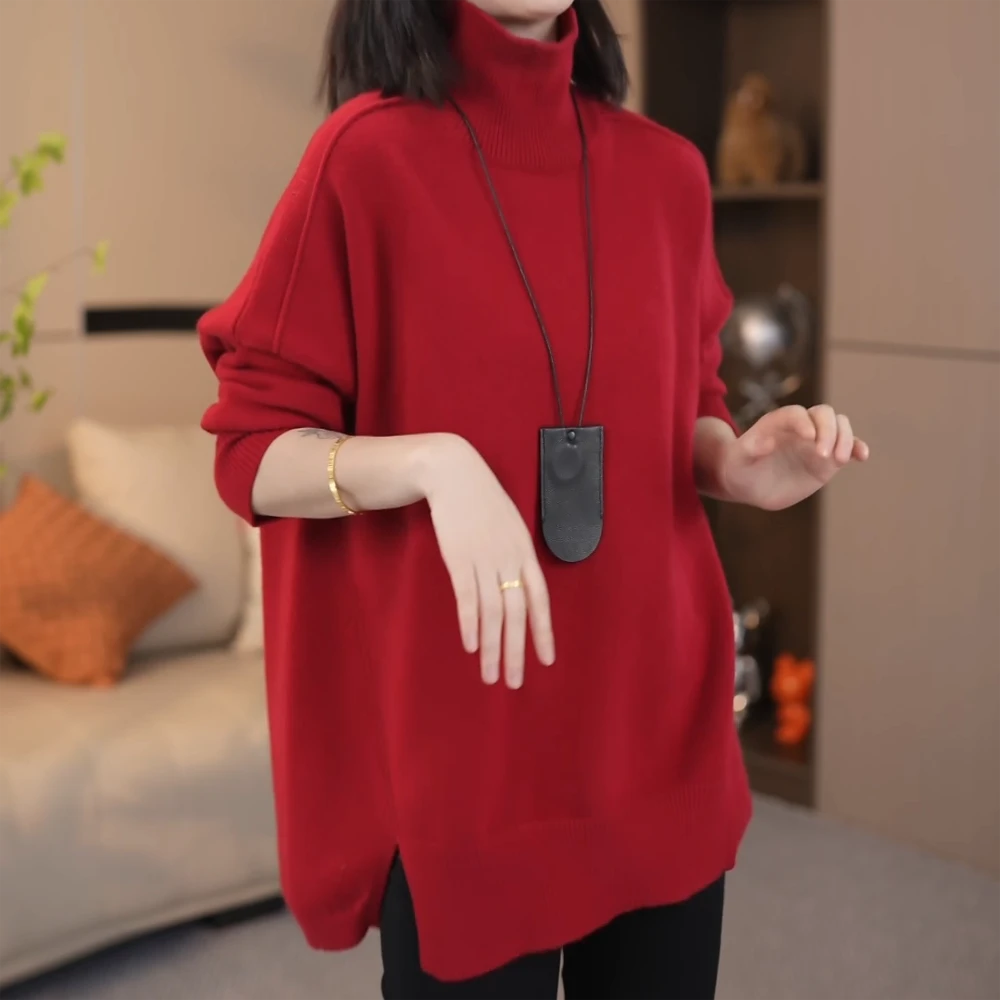 T冬季百搭针织衫高级感气质套头高领毛衣女慵懒风纯色百搭上衣