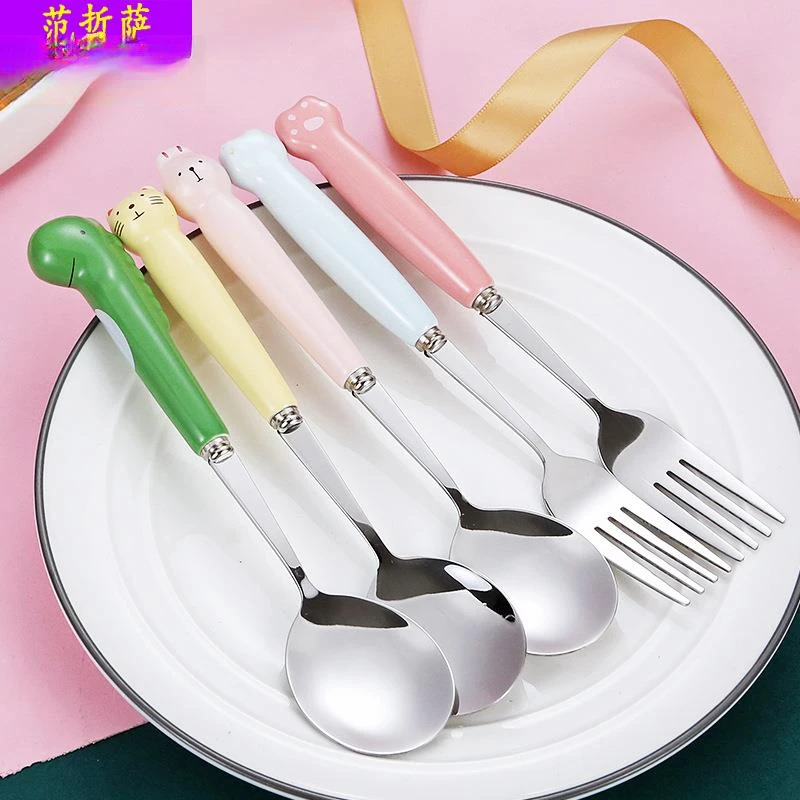 卡通不锈钢餐具勺子叉子创意可爱恐龙猫咪儿童勺ins家用汤勺