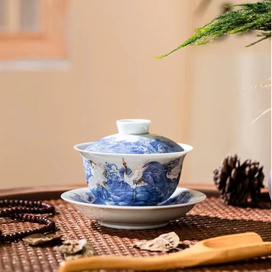 景德镇仿古泥斗彩一品仙鹤盖碗茶杯陶瓷泡茶器家用功夫三才茶碗