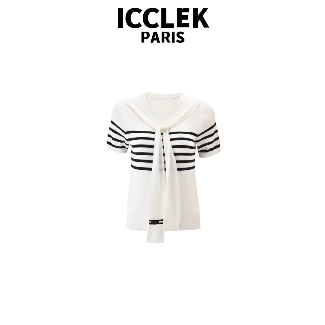 ICCLEK 白色条纹圆领短袖针织衫百搭时尚气质修身减龄通 勤 -5258