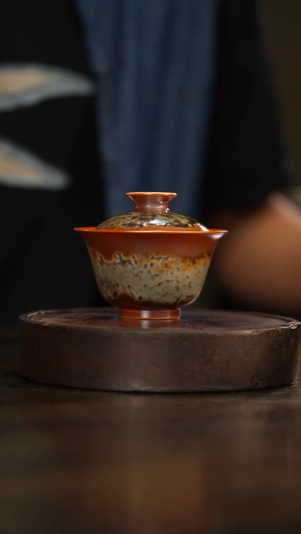 104柴房陶瓷柴烧金红盖碗