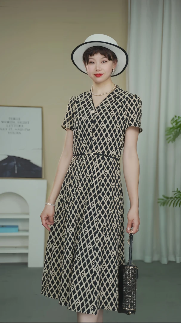 经典LOGO印花夏季中腰V领连衣裙优雅收腰法式气质