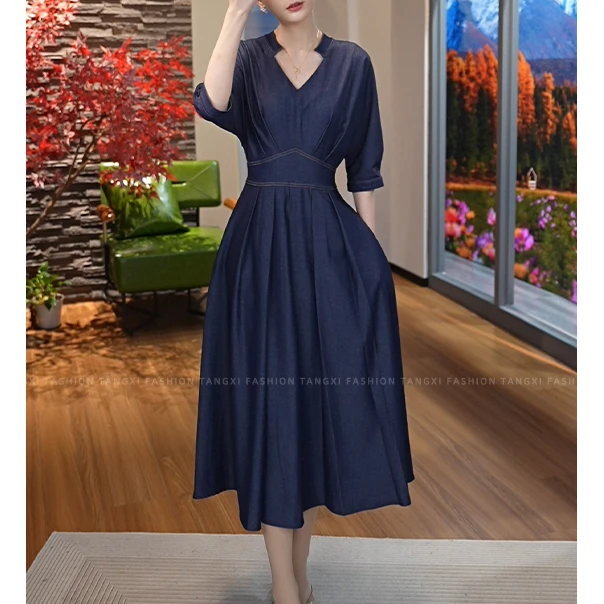 现货2025夏季新款【DD-6160】休闲时尚藏蓝色女气质v领复古连衣裙子