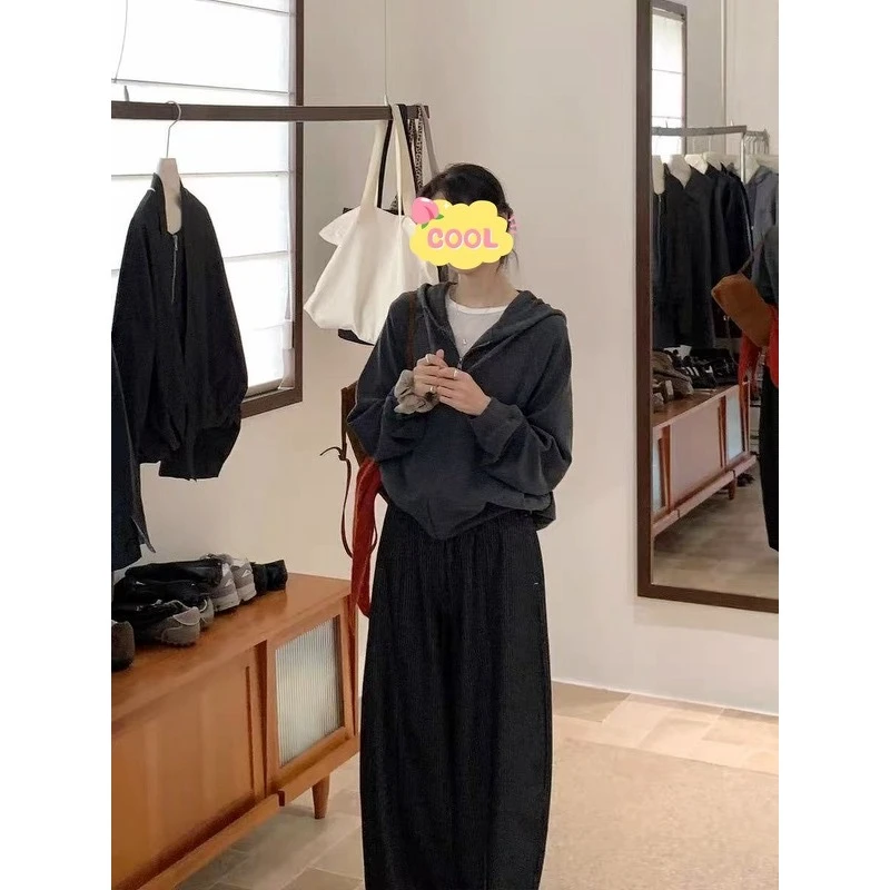 大码韩系慵懒风连帽拉链开衫卫衣外套宽松显瘦长裤套装99859#