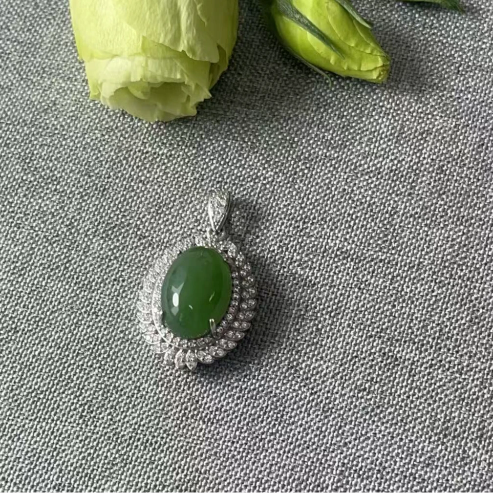 【荣倩专属】和田玉s925银镶嵌吊坠  绿色复古  裸石约10*14mm