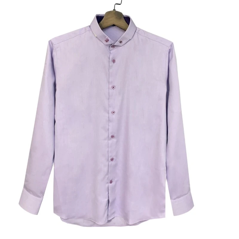 恺【纽扣领】免烫长绒棉立领紫色长袖衬衫高级休闲男CS165