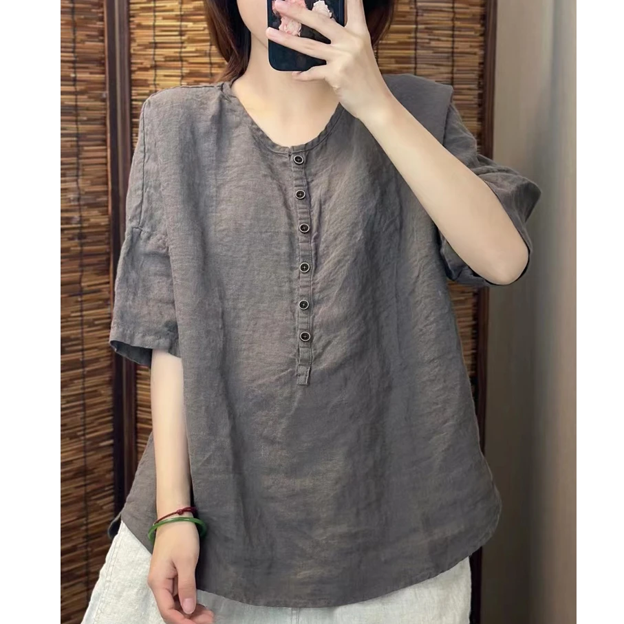 麻宛纪 希哦9398高档砂洗亚麻套头衬衫文艺减龄时尚单排扣上衣女