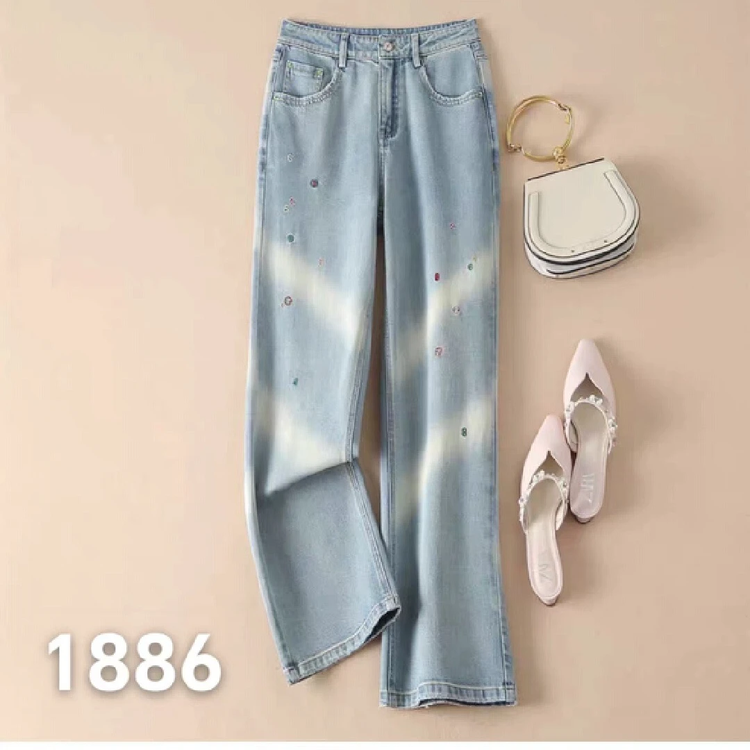 FF-1886薄款钉钻女高腰牛仔裤显瘦时尚蓝色宽松设计感夏季阔腿裤