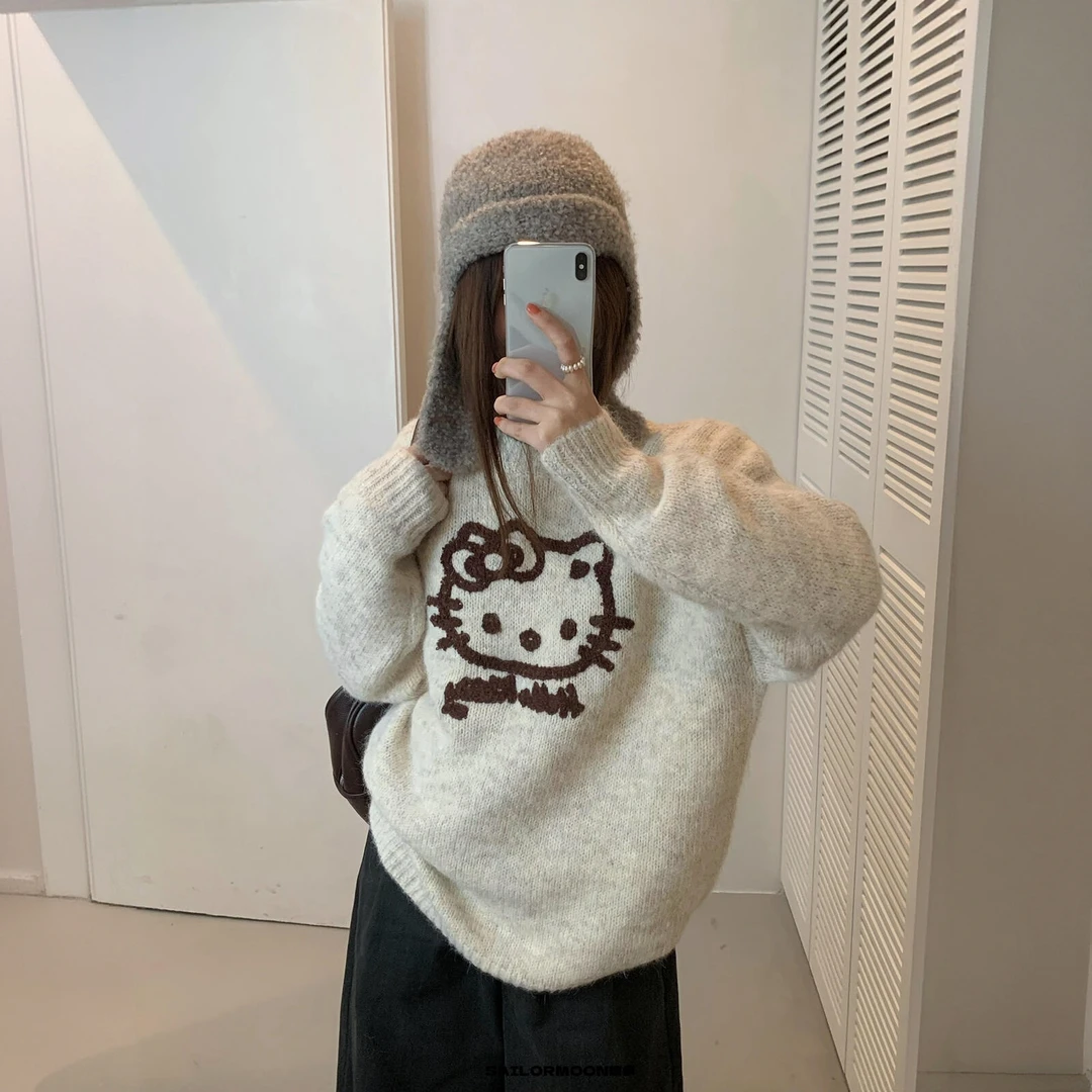 韩系植绒绣花圆领彩纱宽松毛衣女2025秋冬季新款提花设计感针织衫