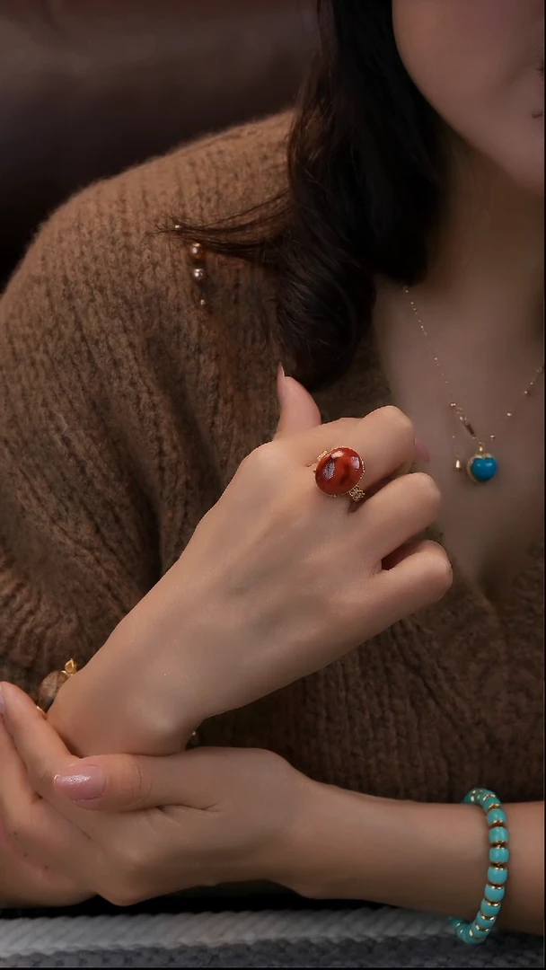 银S925镀金镶嵌南红玛瑙戒指1111