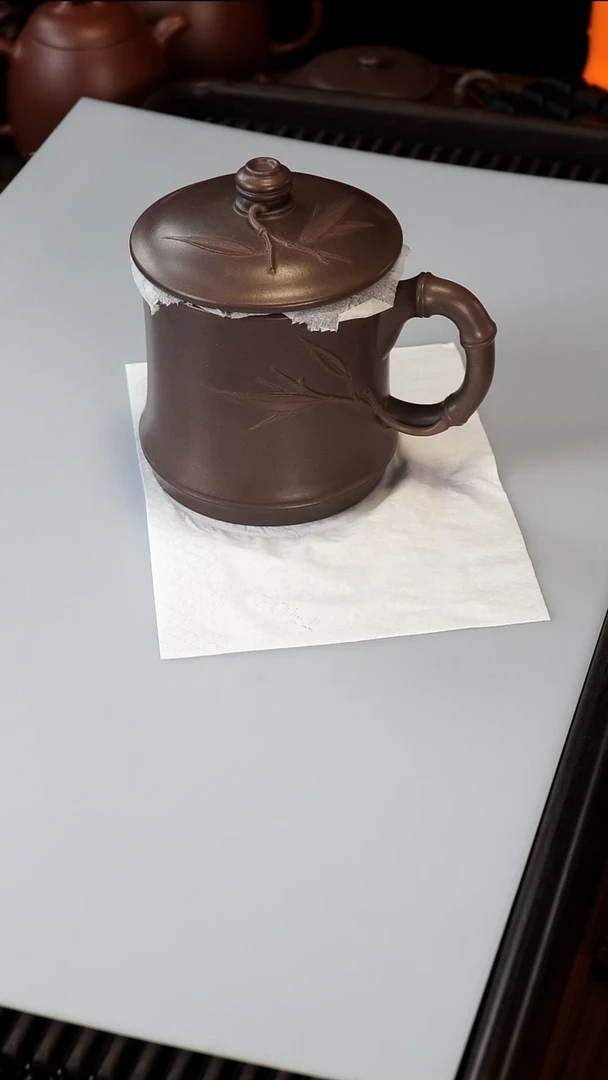 茶壶紫砂এ****࿐半手紫泥竹节盖杯 差价200