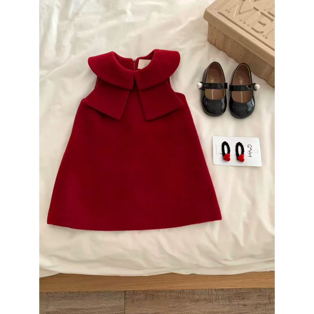 壹妈童装女童圣诞穿搭2025秋冬新款连衣裙洋气女宝红色毛呢背心裙