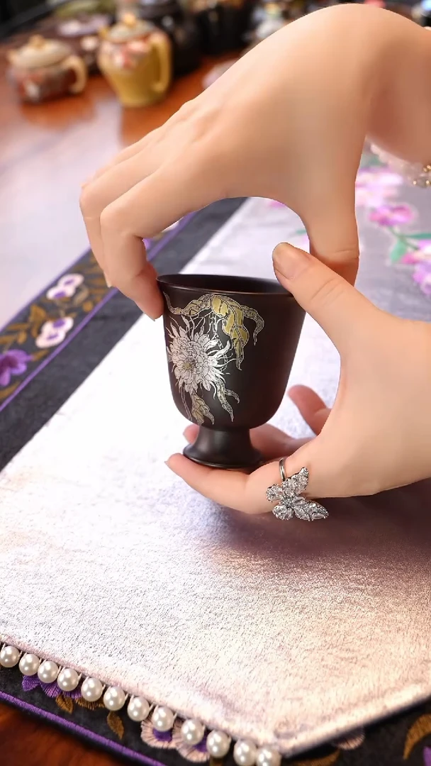 宜兴紫砂 焐灰高足杯 昙花