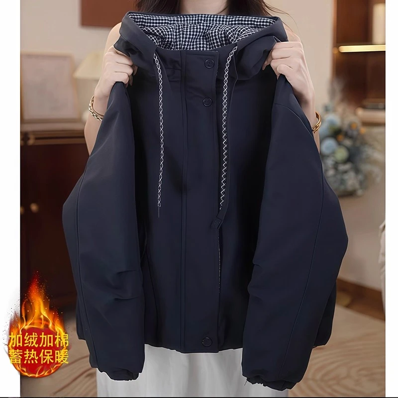 女童加绒夹棉服秋冬季2025新款格子连帽二棉冲锋衣加厚一体绒外套