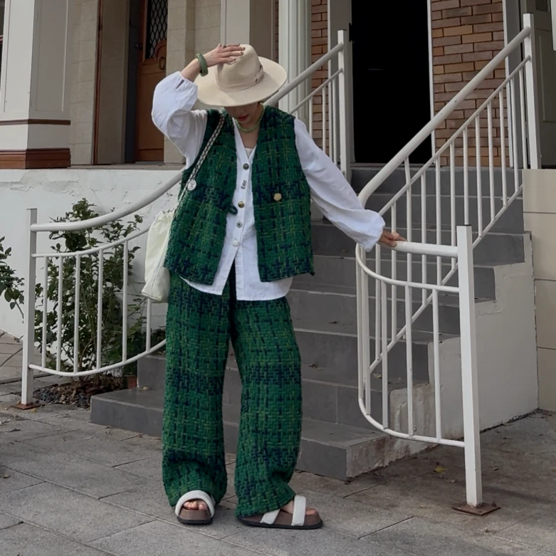 NXJ【翡翠绿】微胖大码 小香编织纹色织宽松大版阔腿裤长裤250103绿