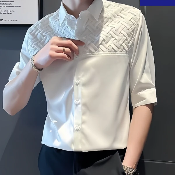 Romon/罗蒙帅气短袖冰丝薄款痞帅中袖衬衫夏季韩版轻奢修身男潮流