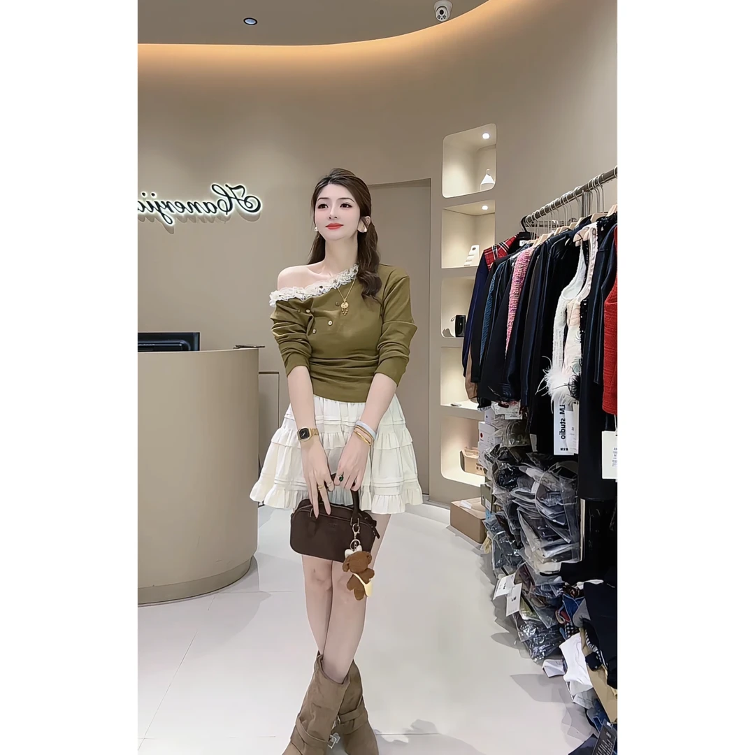 涵儿家 秋冬设计感纽扣荷叶边拼接斜肩上衣 VS双层木耳边半裙8815