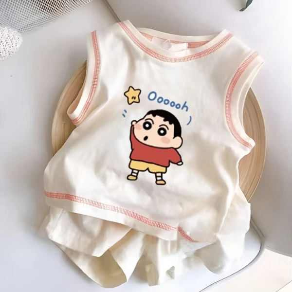 卡通中小童夏季男孩无袖背心套装短袖T恤女宝宝可爱婴儿两件套装