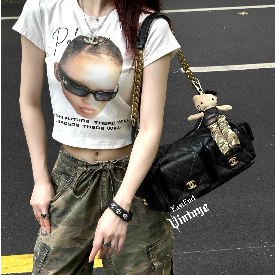 95新 Chanel/香奈儿 東区-黑金腋下hobo小号芯片单肩包/95984