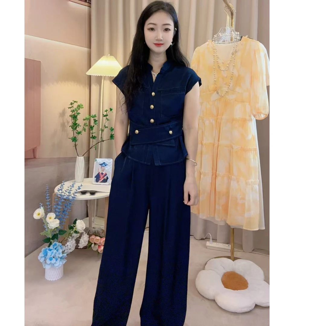 【两件套】夏季2025新款气质时尚高腰阔腿裤D2129