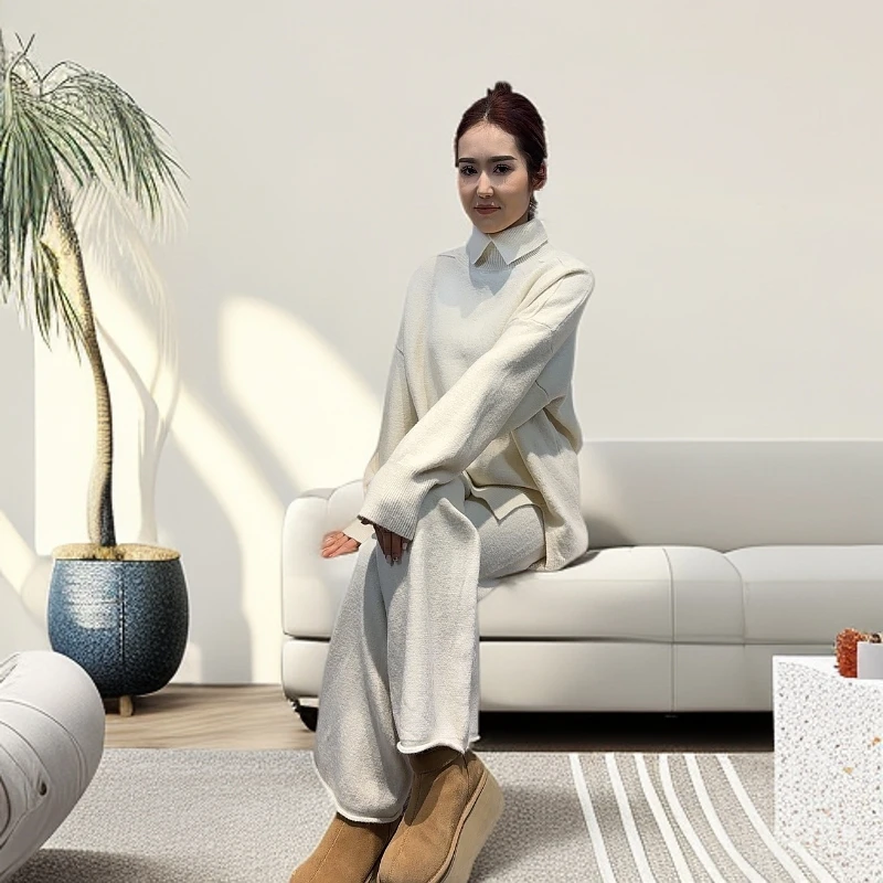 高领针织套装女秋冬宽松慵懒风毛衣阔腿裤两件套