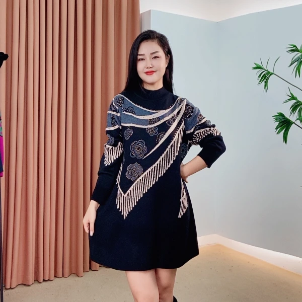 387号秋季冬季新款秋冬时尚网红打底针织百搭加厚女士气质连衣裙