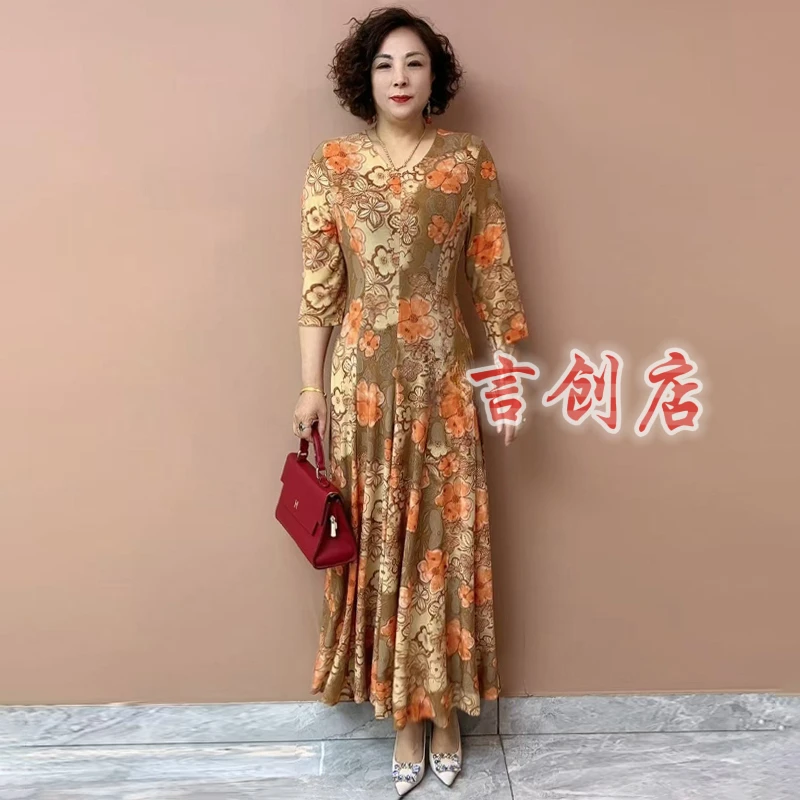 2501阔太太夏季短袖长款连衣裙弹力中年妈妈装遮肉显瘦冰麻大摆裙
