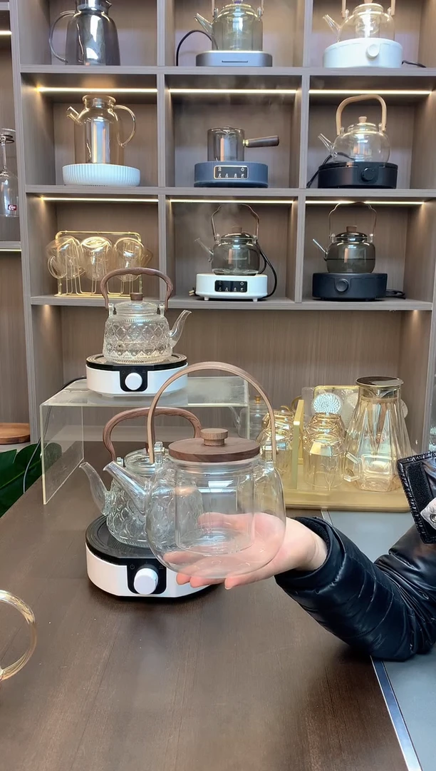 高硼硅玻璃茶隔款木盖提梁壶1000毫升  1只