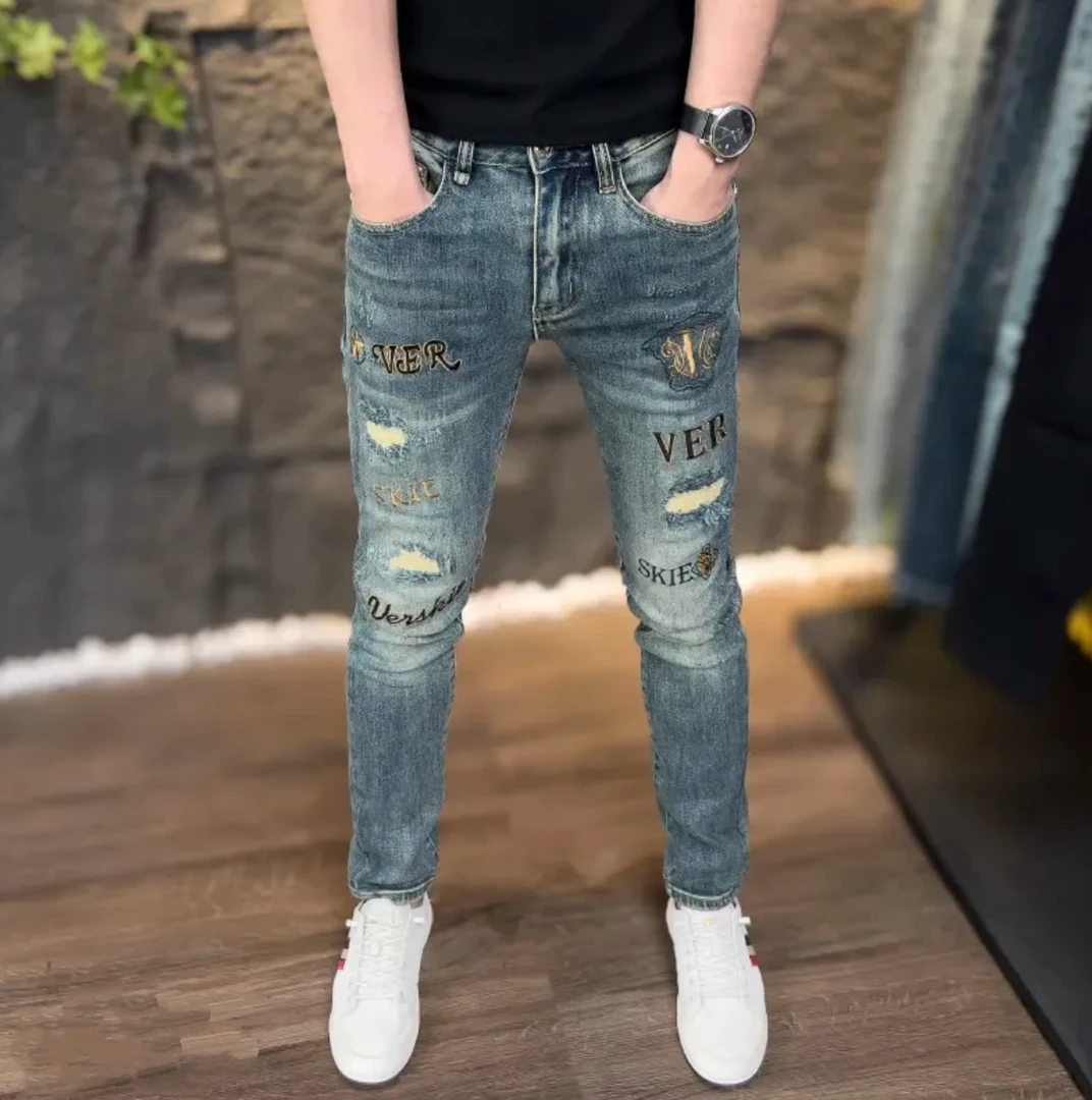 刺绣潮流男牛仔裤子破洞复古修身百搭弹力时尚小脚裤男裤春秋新款
