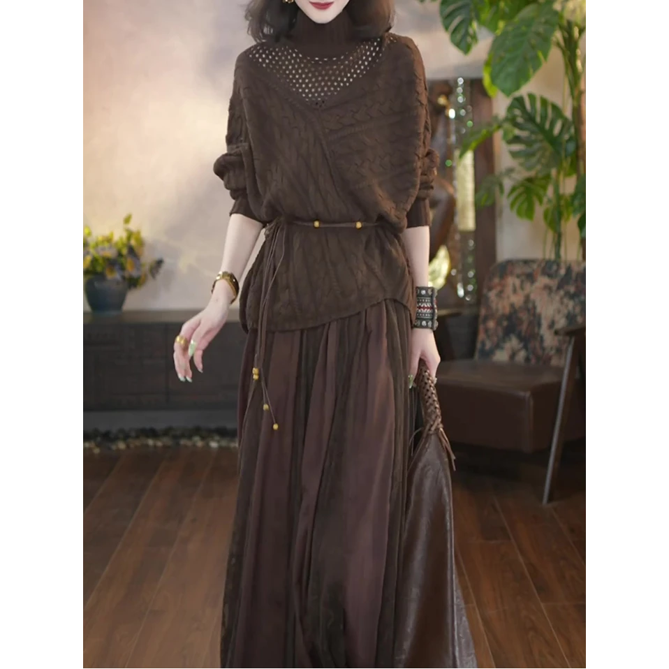 高级感时尚轻奢套装裙女2025秋季新款气质镂空长袖针织衫+半身裙