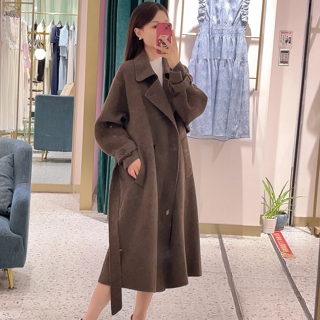 CHICHY品牌休闲长款毛呢冬季大衣翻领毛呢外套CDAD007253