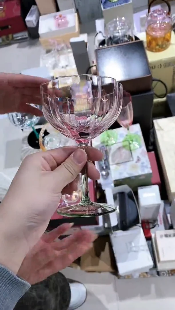 【闪购商品】高硼硅玻璃双饮款绿足粉色花口水晶酒杯甜品杯