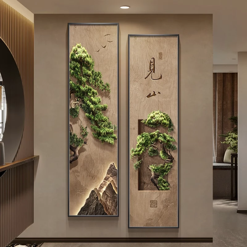新中式玄关装饰画迎客松走廊长条过道挂画高级感禅意茶室布置壁画