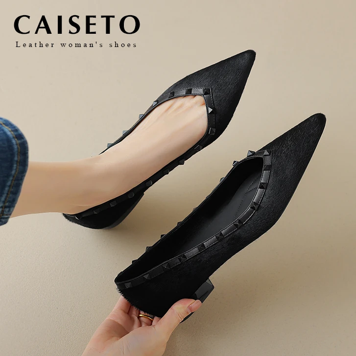 头层马毛/2cm 春季夏季舒适百搭黑色软底网红手工尖头平底鞋D208