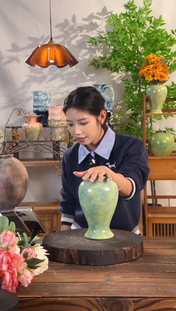 [绿野仙踪-中号美人花瓶】复古绿色陶瓷花瓶干花鲜花陶罐桌面斗柜