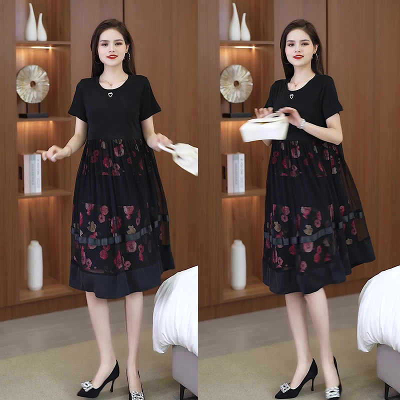 春夏季圆领短袖时尚渐变丁达尔风宽松显瘦印花拼接连衣裙妈妈装