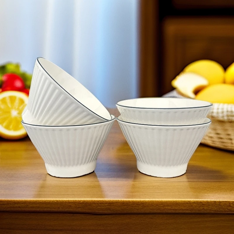 8只5英寸黑边竖纹斗笠碗家用陶瓷餐具米饭碗小碗陶瓷碗