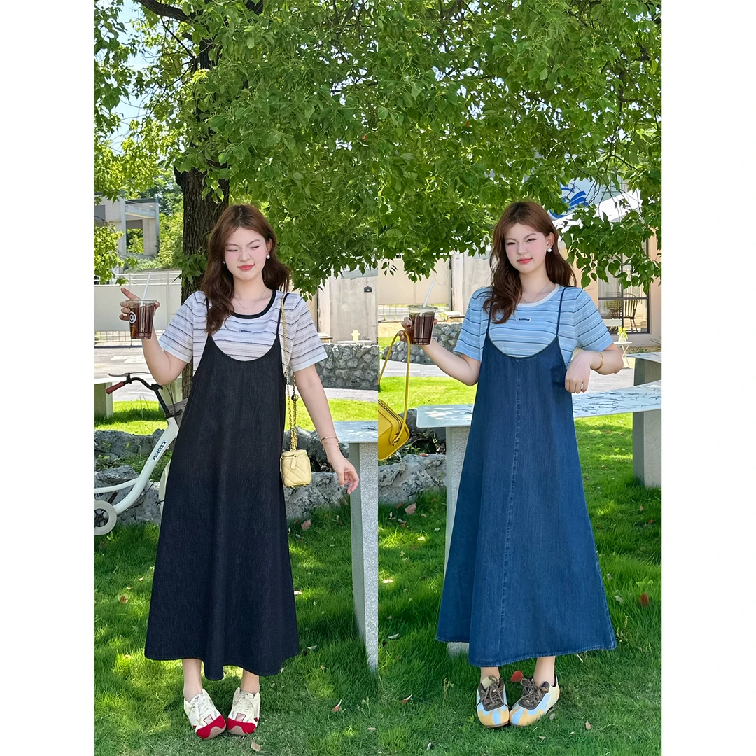 裂渡宣宣【波子汽水-吊带裙】微胖大码女夏百搭牛仔连衣裙 ZY506A71