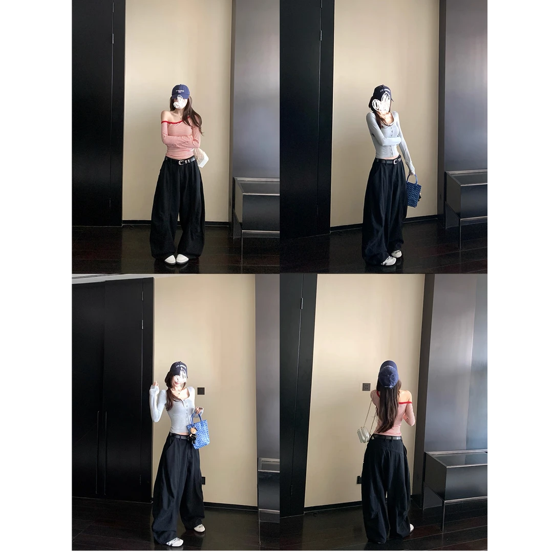 休闲裤高腰气质时百搭廓形水洗牛仔裤A9001