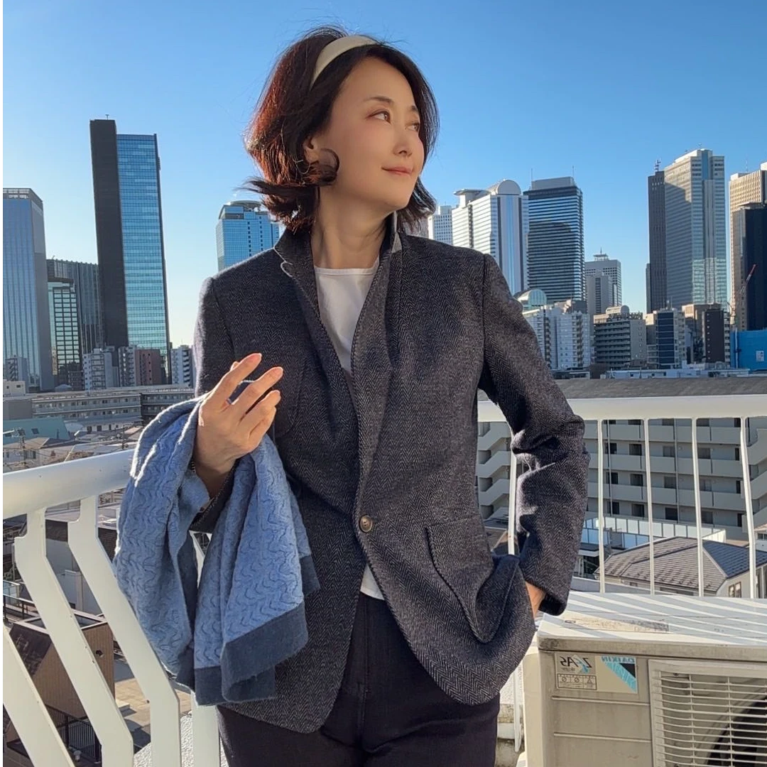 【维维精选】MQ 深蓝人字纹理优雅西装外套