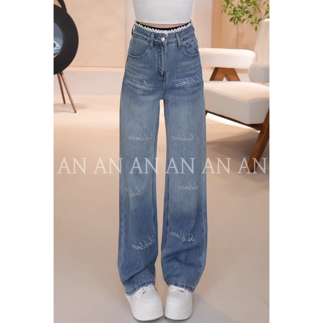C02327春季新款腰头拼接蕾丝宽松高腰阔腿字母烫钻牛仔裤