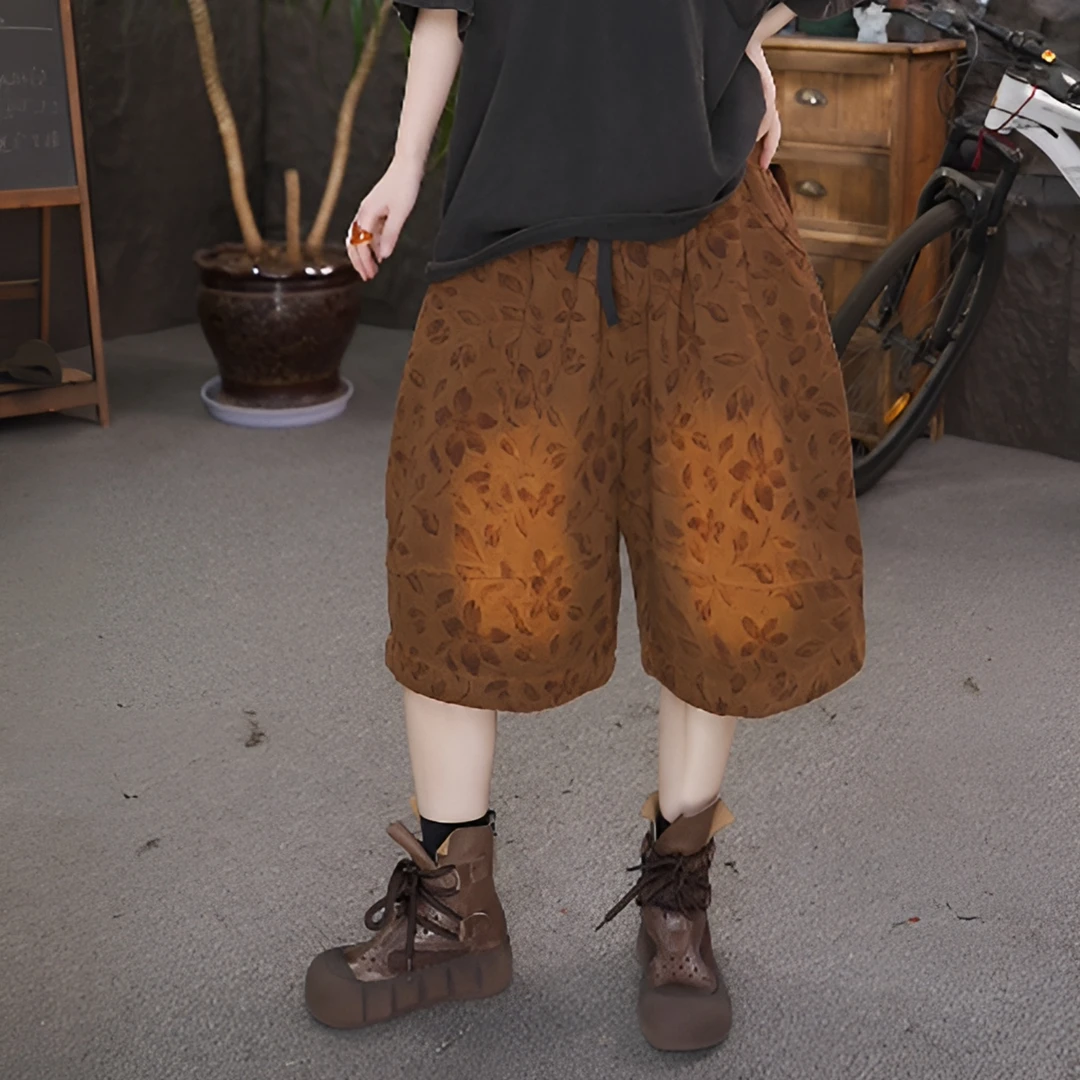 夏季新款复古休闲印花斜纹棉砂洗做旧磨白六分裤女潮